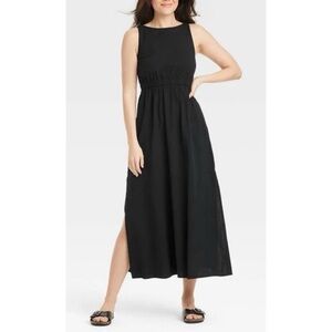 Universal Thread Black Sleeveless Maxi A-Line Dress with Side Slit Black